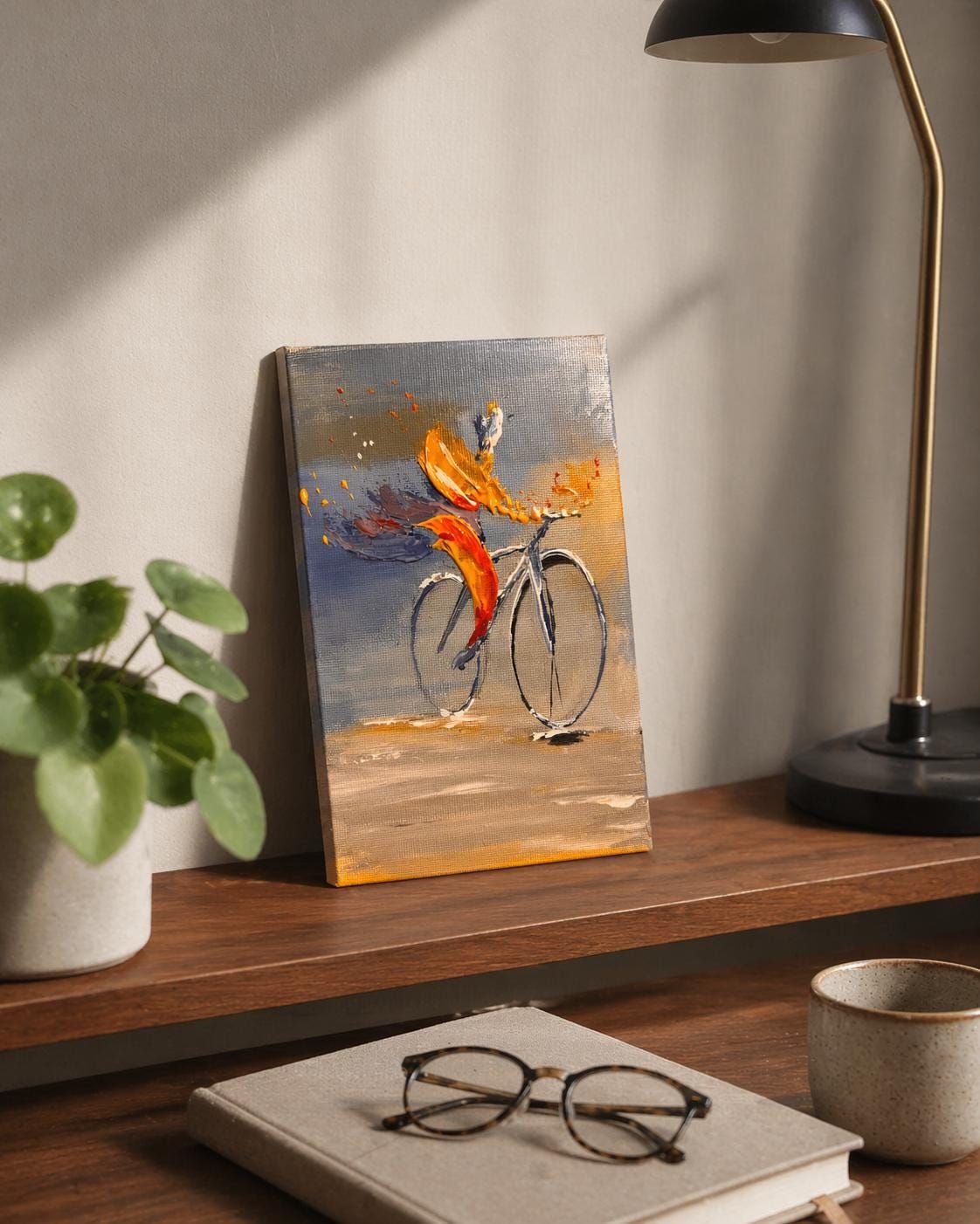 Abstract Bicycle Painting, Modern Acrylic Art, Minimal Canvas, Small Wall Art 12x18 cm — view 2