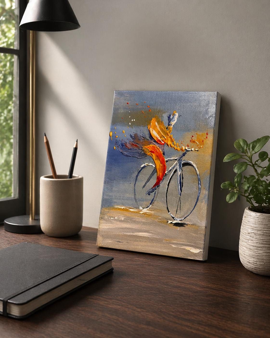 Abstract Bicycle Painting, Modern Acrylic Art, Minimal Canvas, Small Wall Art 12x18 cm — view 4
