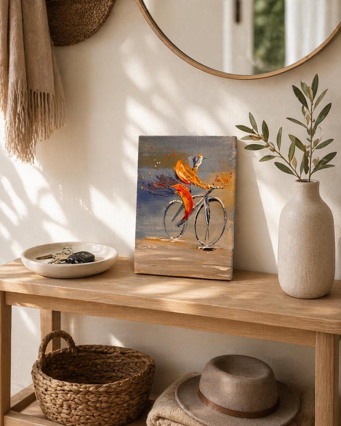 Abstract Bicycle Painting, Modern Acrylic Art, Minimal Canvas, Small Wall Art 12x18 cm — view 5