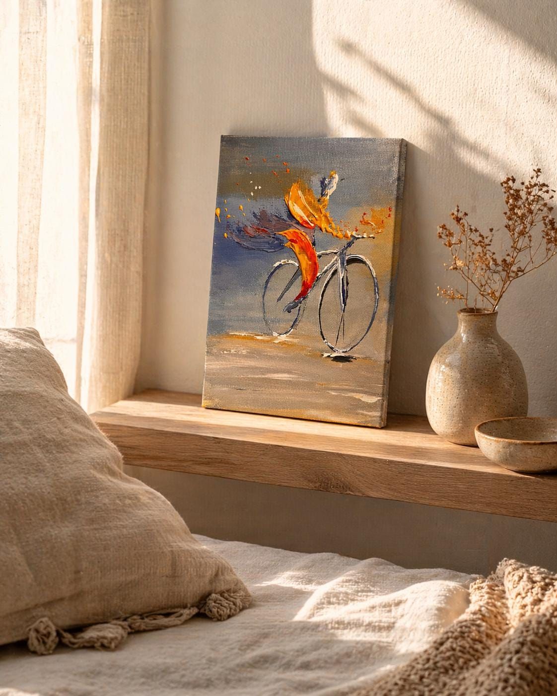 Abstract Bicycle Painting, Modern Acrylic Art, Minimal Canvas, Small Wall Art 12x18 cm — view 6