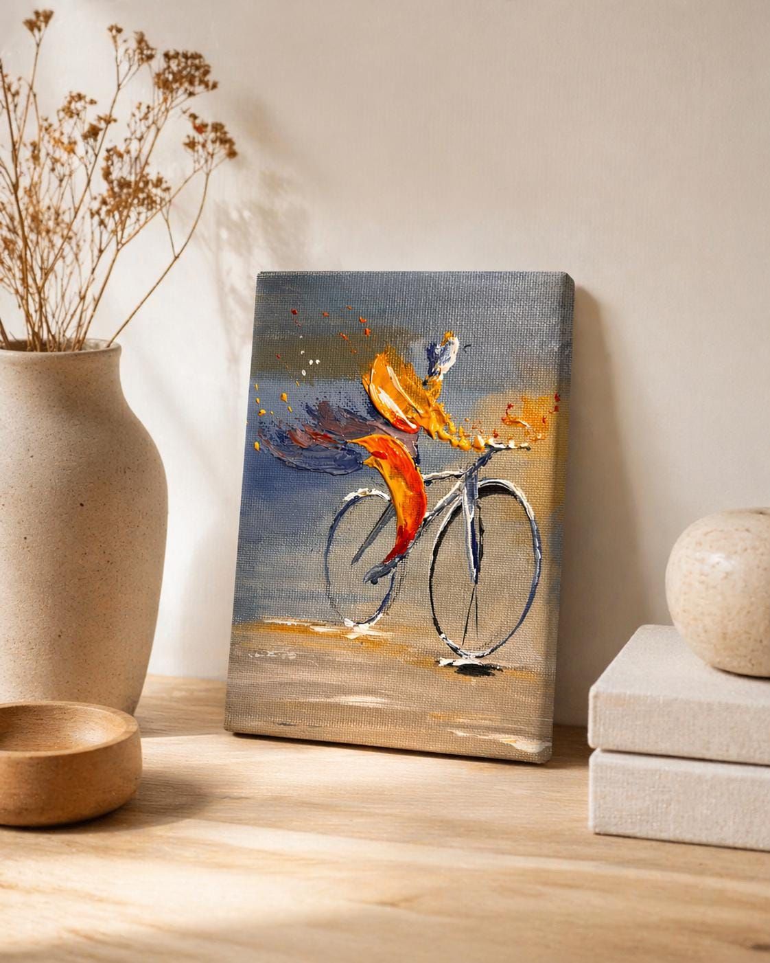 Abstract Bicycle Painting, Modern Acrylic Art, Minimal Canvas, Small Wall Art 12x18 cm