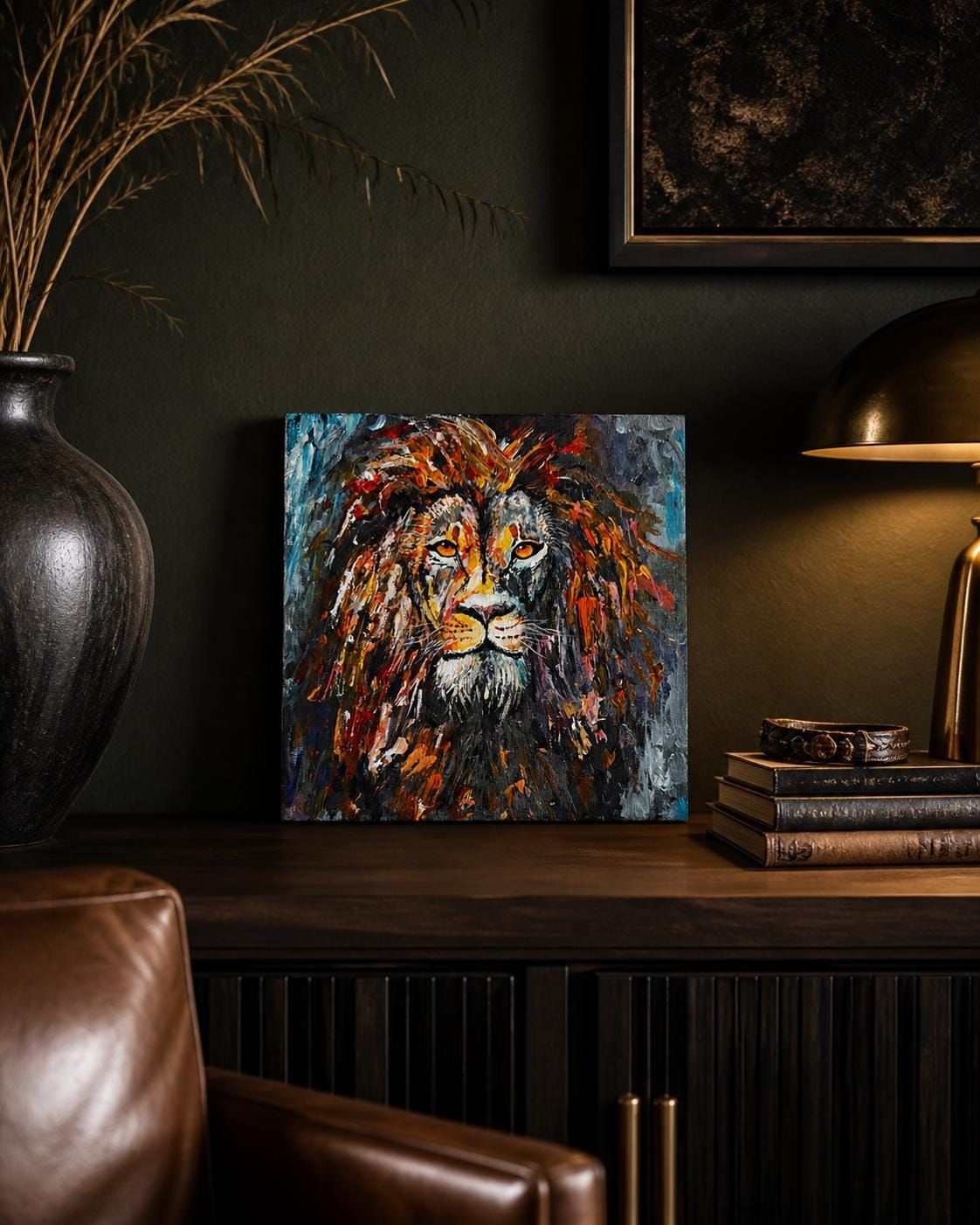 Original Lion Painting, Small Acrylic Canvas, Modern Animal Art, Bold Wall Decor, 20x20 cm — view 2