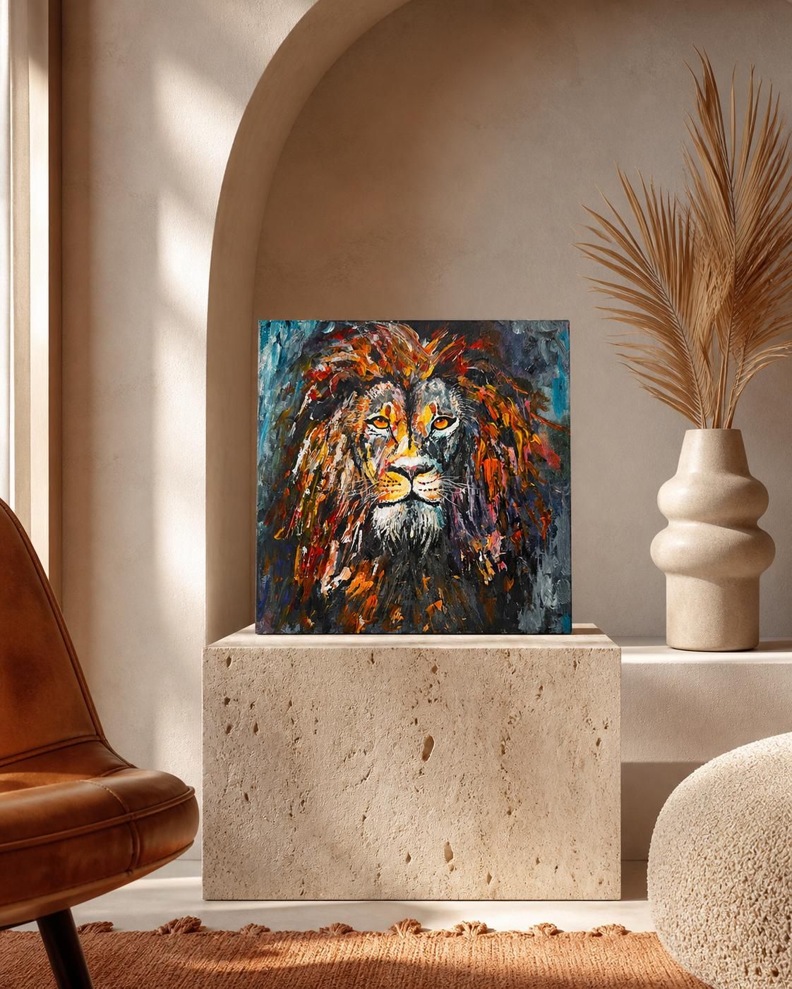 Original Lion Painting, Small Acrylic Canvas, Modern Animal Art, Bold Wall Decor, 20x20 cm — view 4