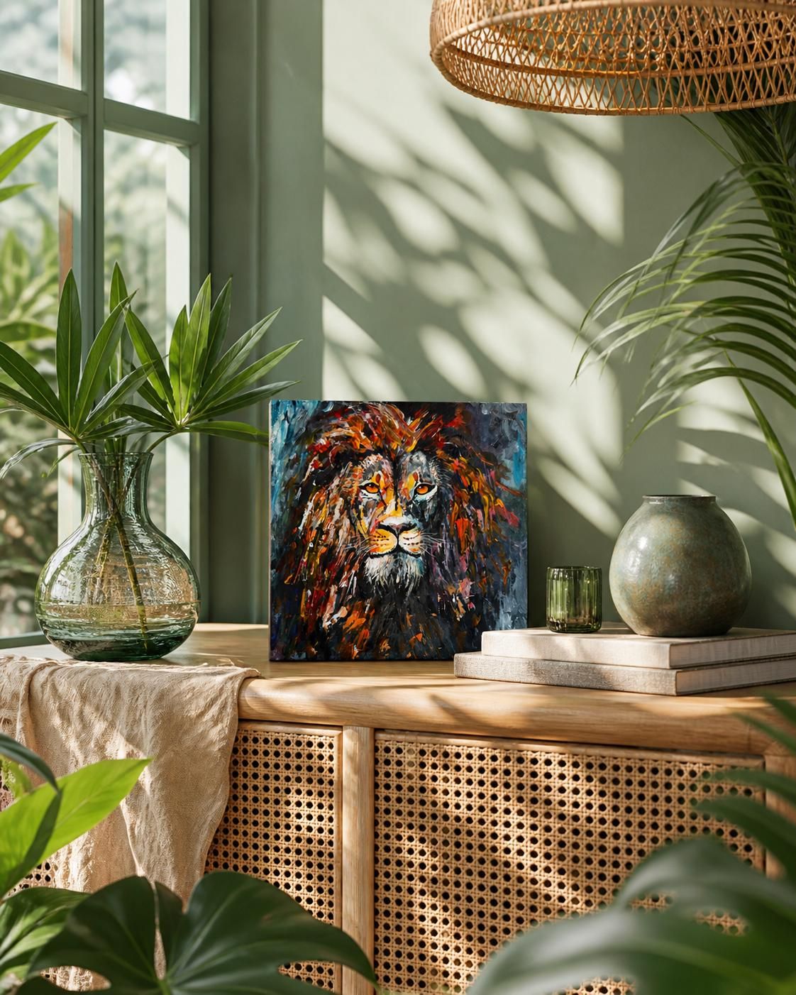 Original Lion Painting, Small Acrylic Canvas, Modern Animal Art, Bold Wall Decor, 20x20 cm