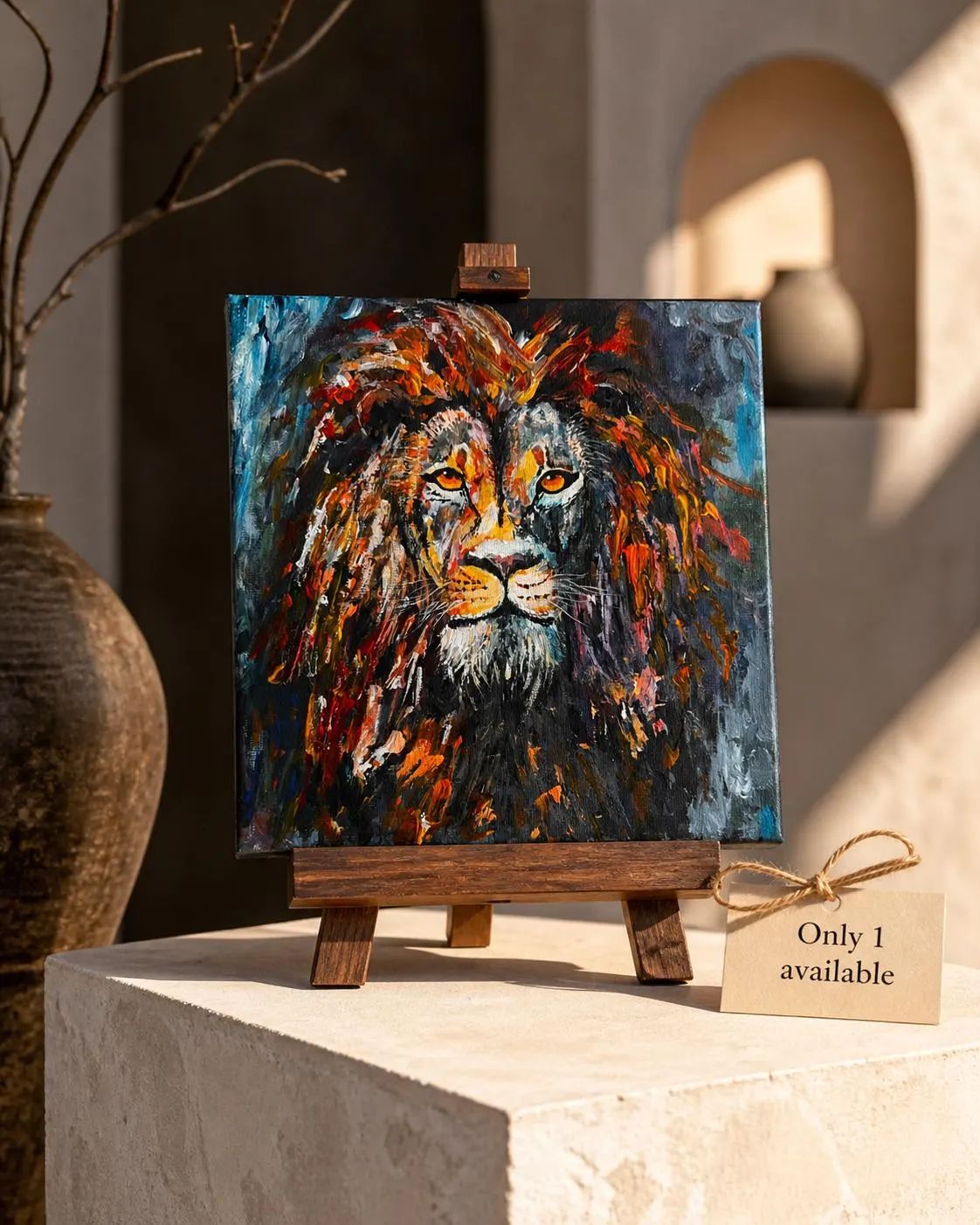 Original Lion Painting, Small Acrylic Canvas, Modern Animal Art, Bold Wall Decor, 20x20 cm — view 5