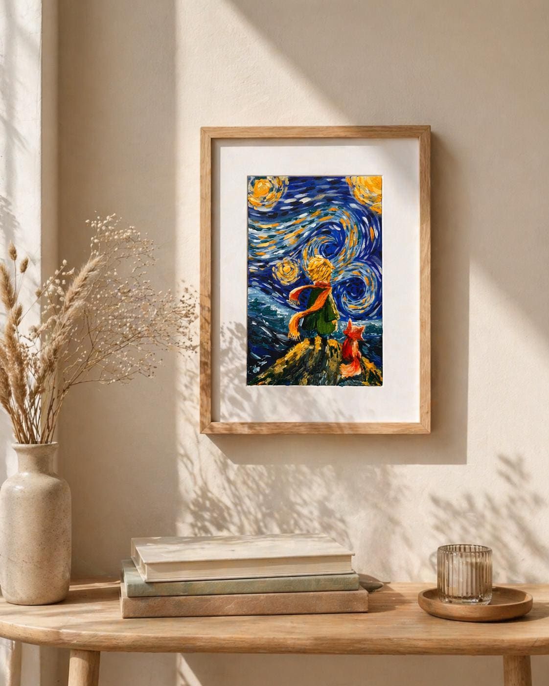 Whimsical Night Sky Painting, Boy and Fox Art, Mini Acrylic Canvas, 12x18 cm — view 2