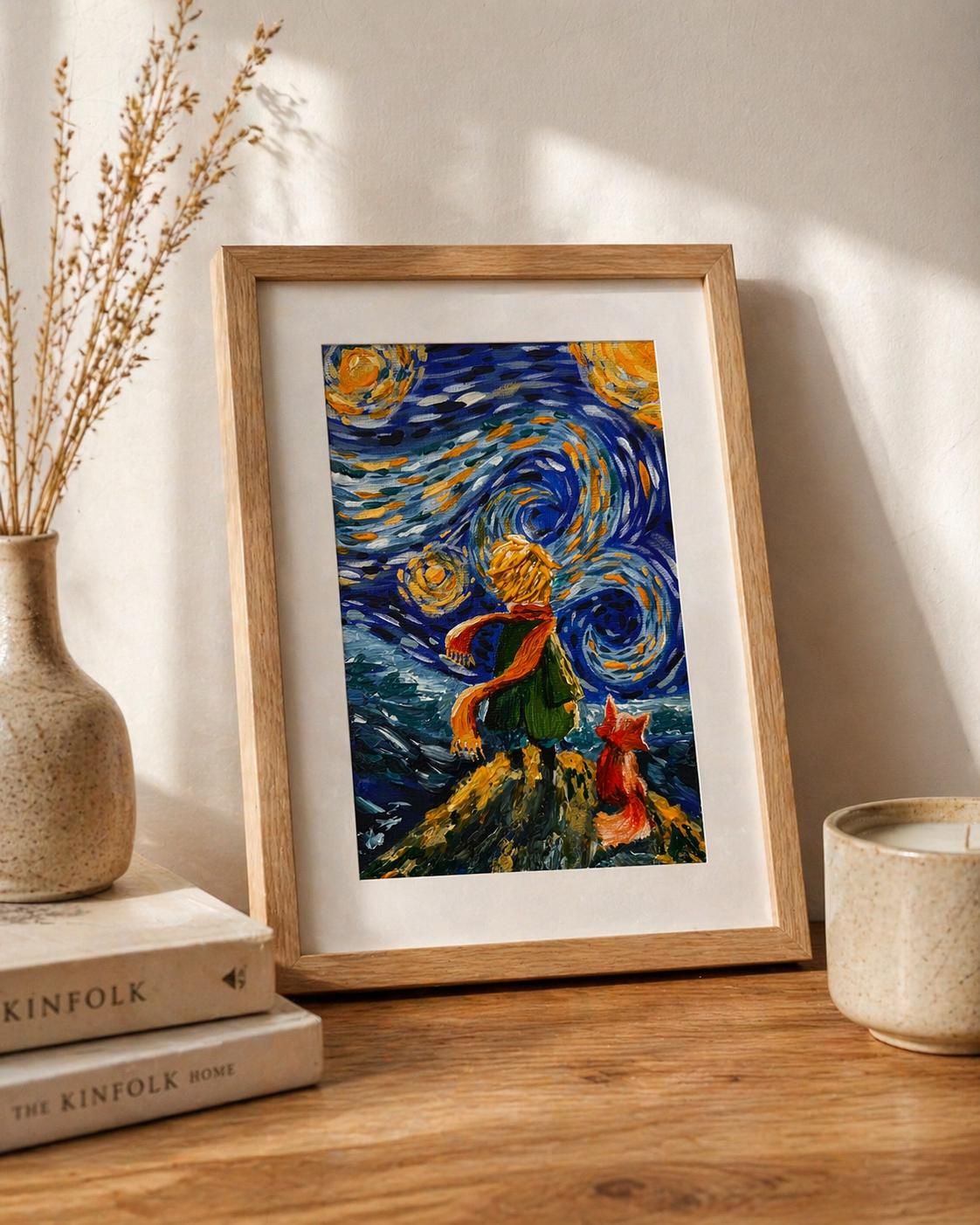 Whimsical Night Sky Painting, Boy and Fox Art, Mini Acrylic Canvas, 12x18 cm — view 3