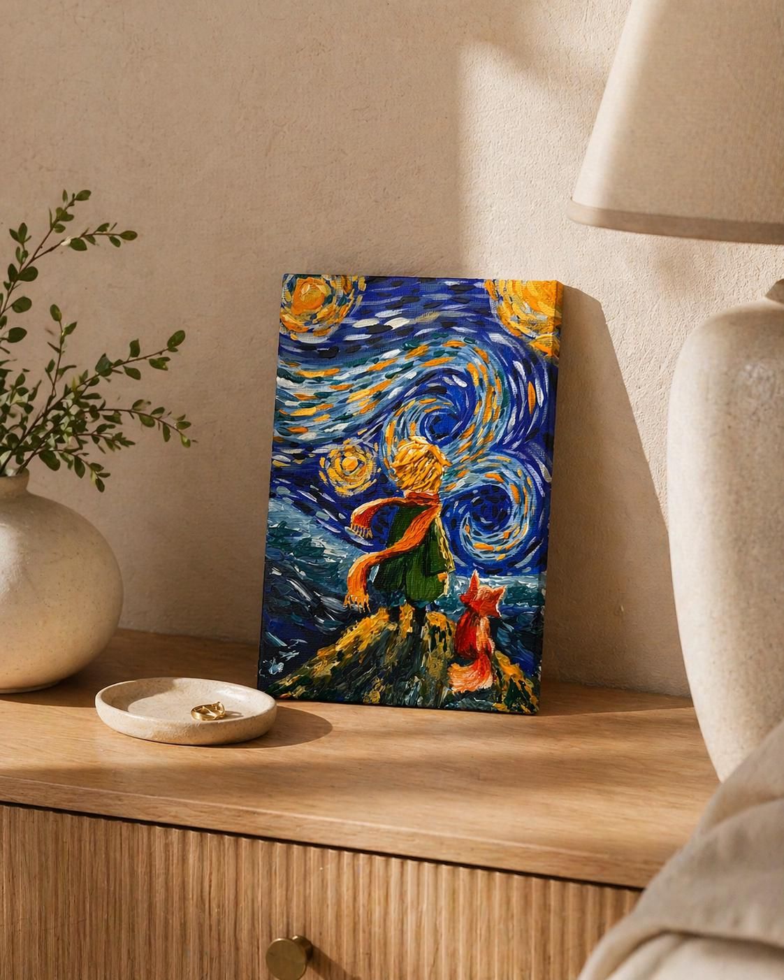 Whimsical Night Sky Painting, Boy and Fox Art, Mini Acrylic Canvas, 12x18 cm — view 4