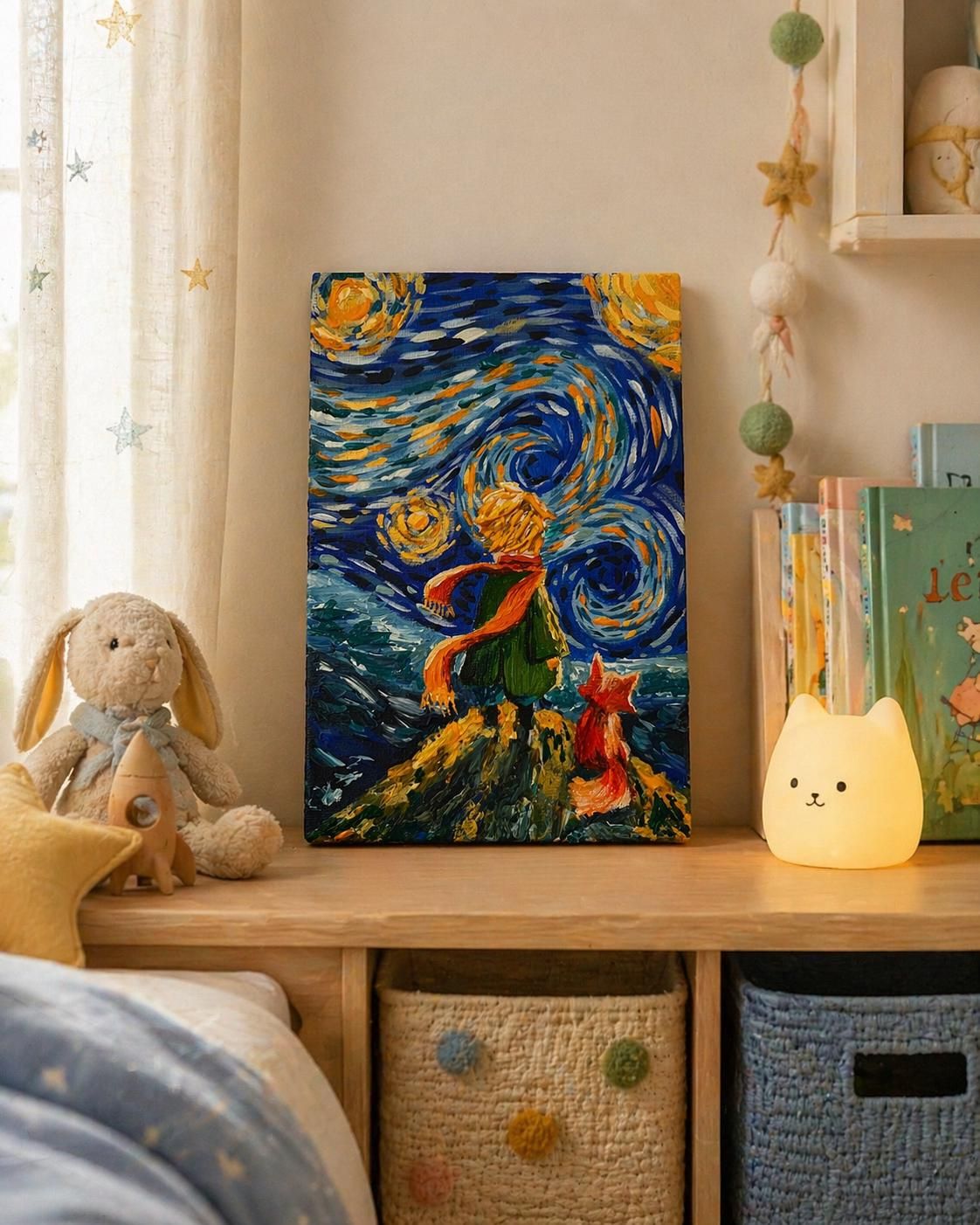 Whimsical Night Sky Painting, Boy and Fox Art, Mini Acrylic Canvas, 12x18 cm — view 5