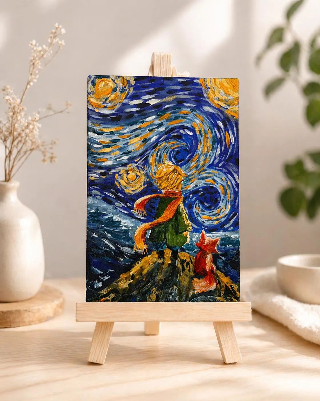 Whimsical Night Sky Painting, Boy and Fox Art, Mini Acrylic Canvas, 12x18 cm