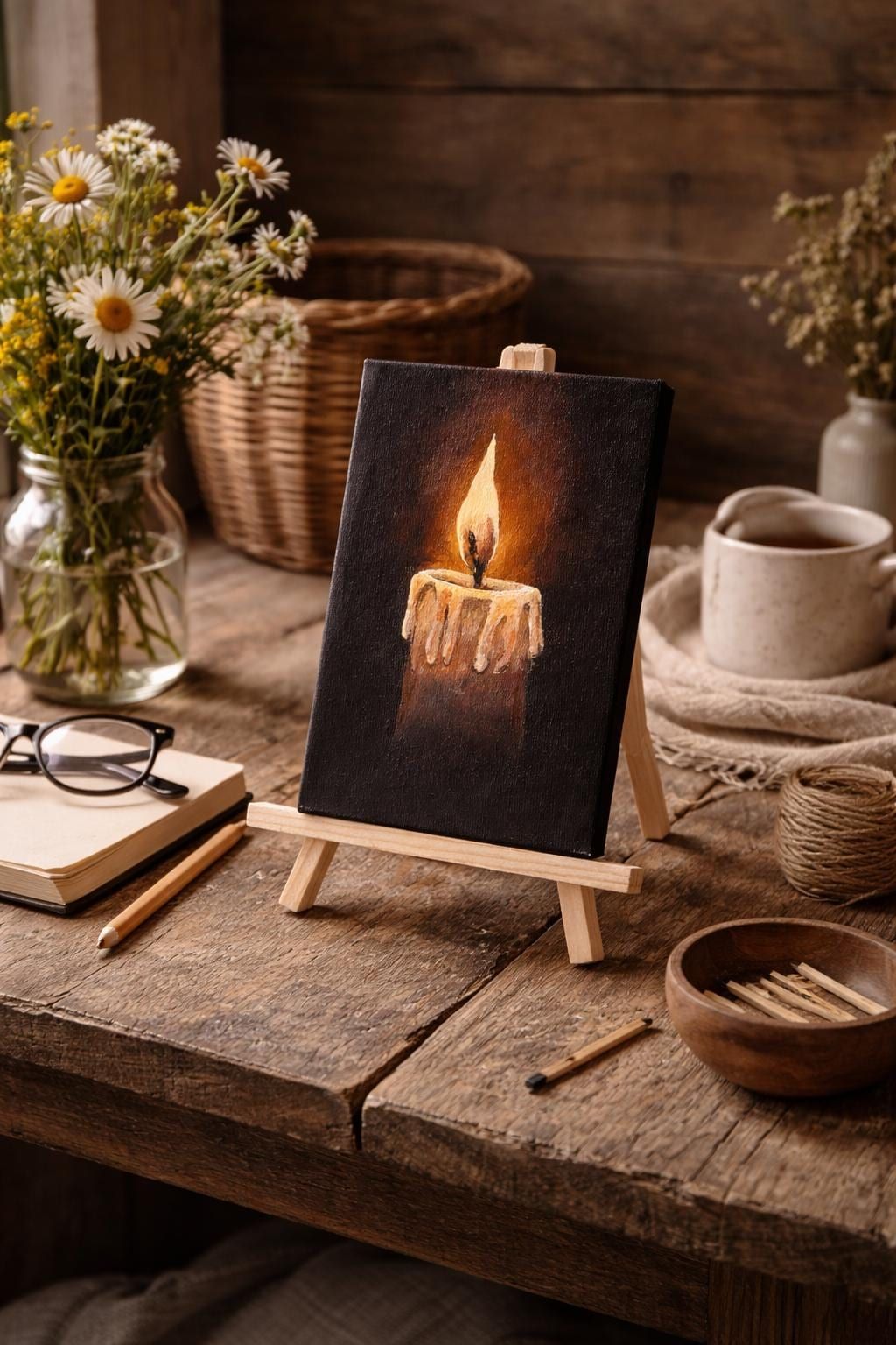 Original Acrylic Candle Painting, Dark Moody Minimal Wall Art, Small Canvas (12 x 18 cm)