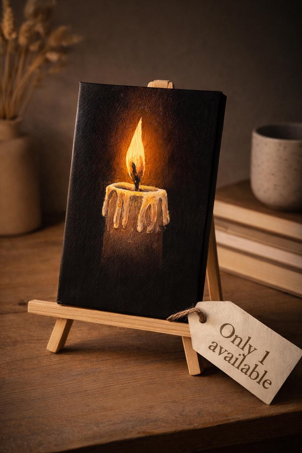 Original Acrylic Candle Painting, Dark Moody Minimal Wall Art, Small Canvas (12 x 18 cm) — view 2