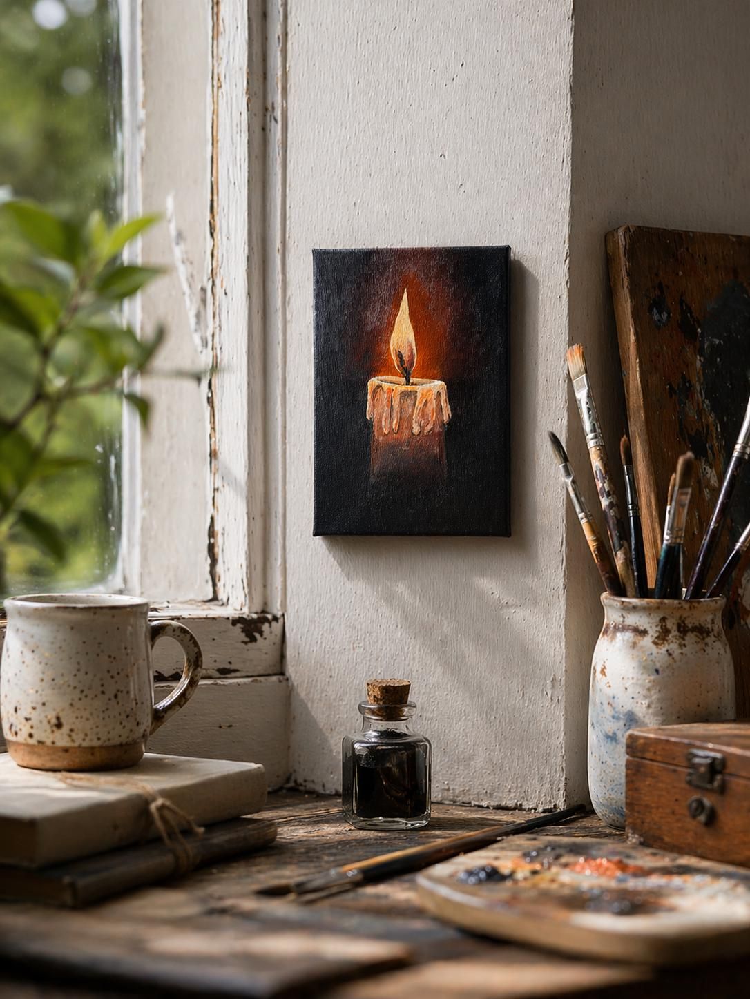 Original Acrylic Candle Painting, Dark Moody Minimal Wall Art, Small Canvas (12 x 18 cm) — view 3
