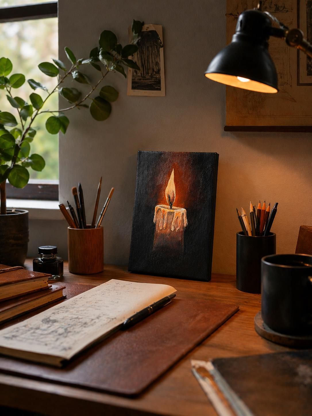 Original Acrylic Candle Painting, Dark Moody Minimal Wall Art, Small Canvas (12 x 18 cm) — view 4
