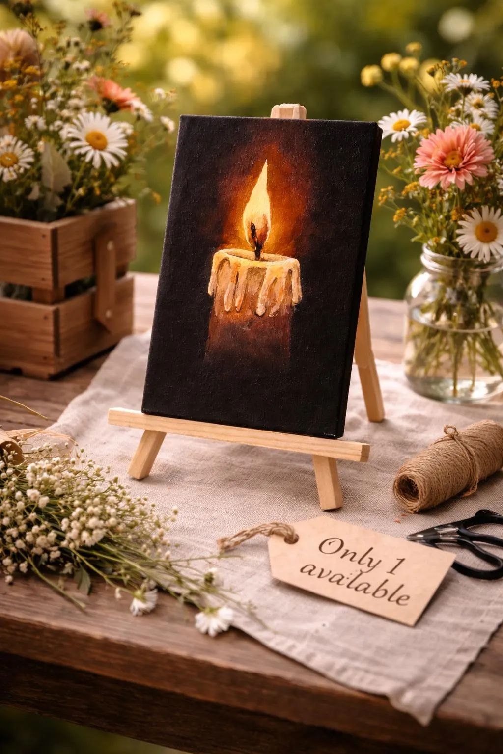 Original Acrylic Candle Painting, Dark Moody Minimal Wall Art, Small Canvas (12 x 18 cm) — view 5
