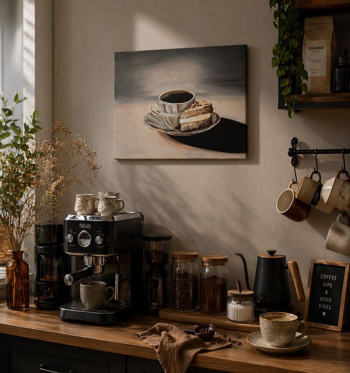Original Acrylic Coffee Cake Painting, Neutral Kitchen Wall Art (40x30 cm) — view 2