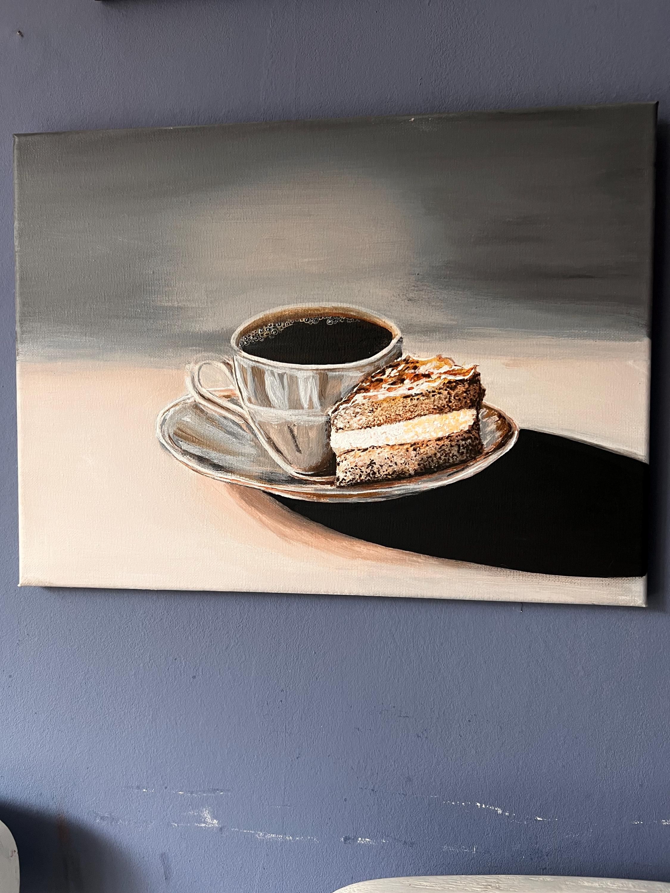 Original Acrylic Coffee Cake Painting, Neutral Kitchen Wall Art (40x30 cm) — view 3