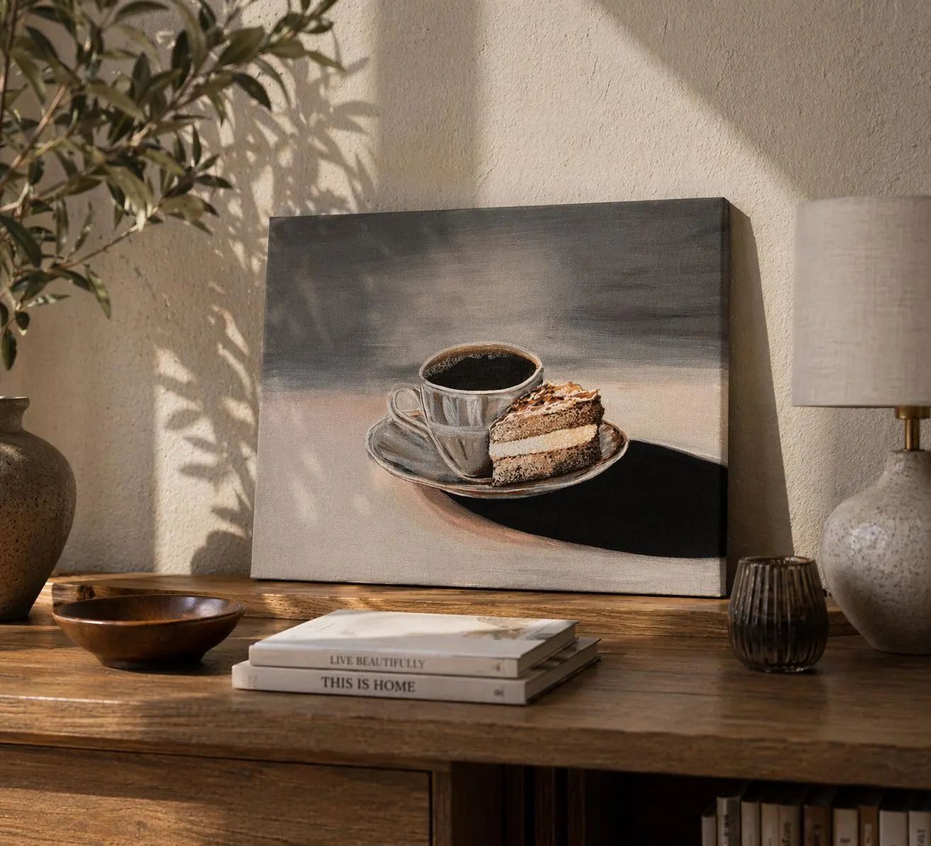Original Acrylic Coffee Cake Painting, Neutral Kitchen Wall Art (40x30 cm)