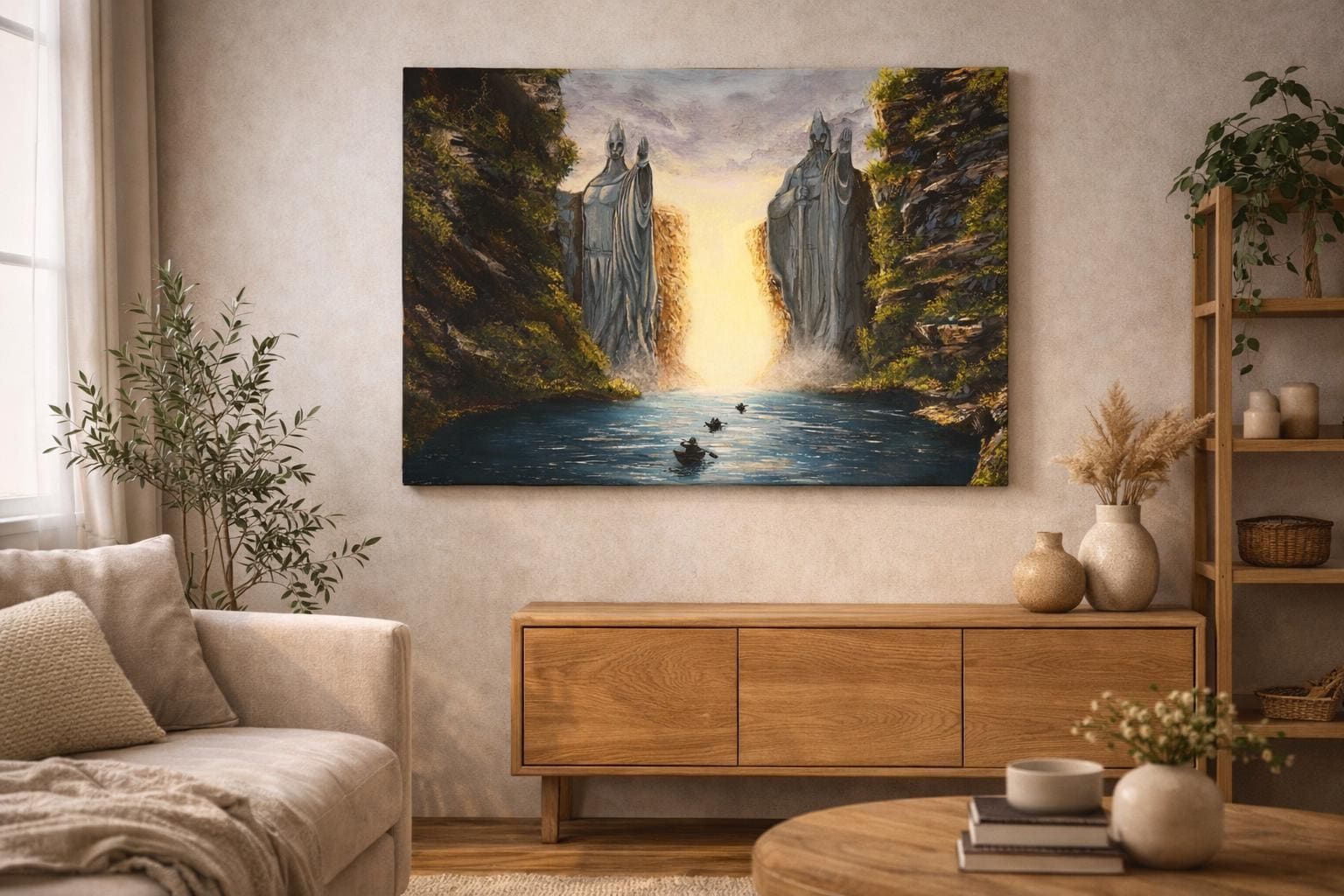 Original Acrylic Fantasy Canyon Painting, Monumental Statues Wall Art, 70 x 50 cm