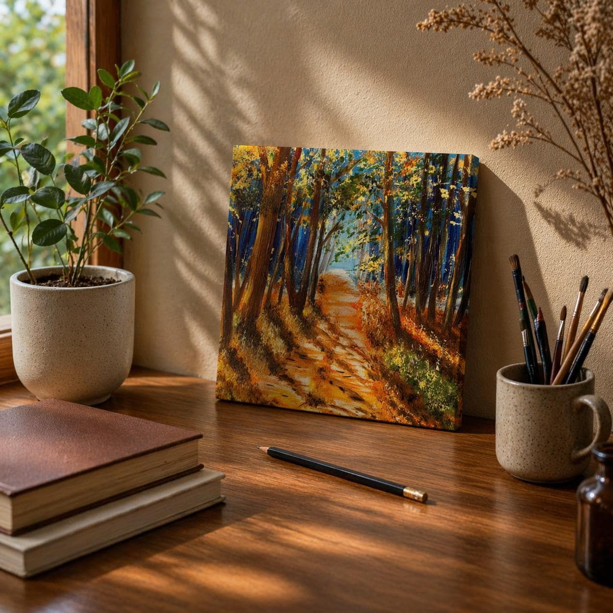 Forest Path Oil Painting, Original Handmade Landscape, Nature Wall Art, Woodland Decor, 30x30 cm — view 3