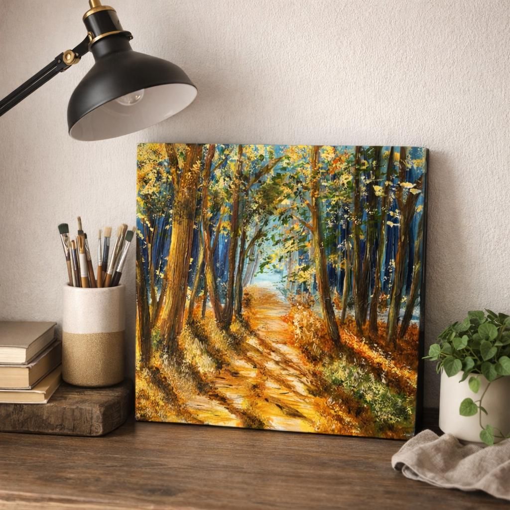 Forest Path Oil Painting, Original Handmade Landscape, Nature Wall Art, Woodland Decor, 30x30 cm — view 4