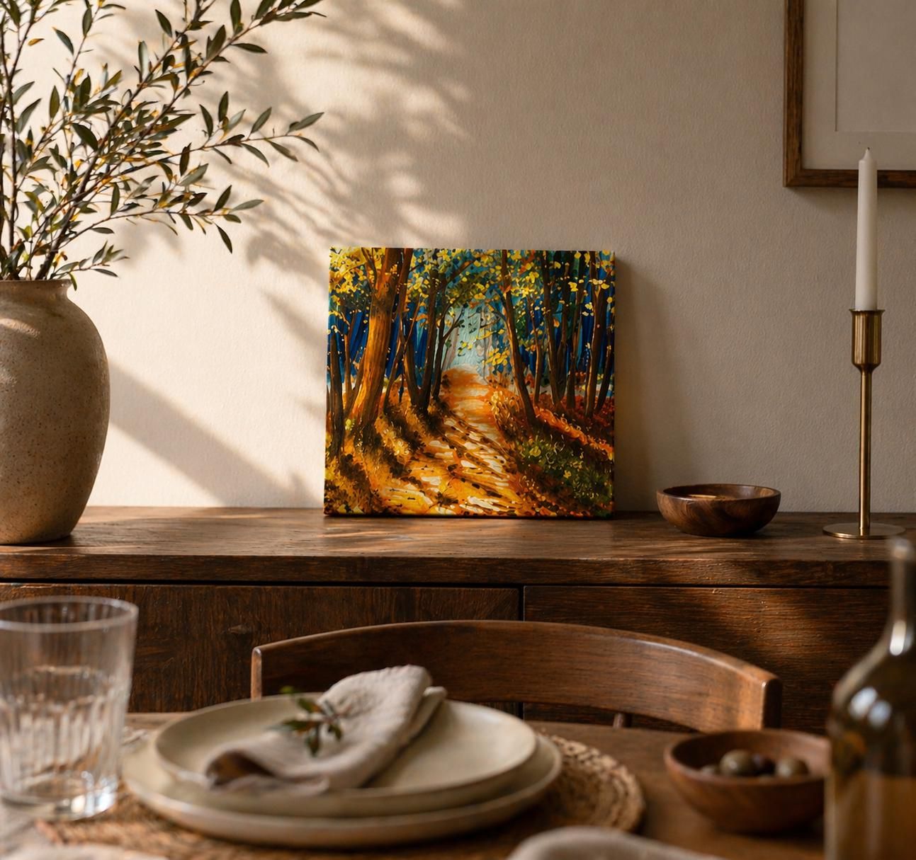 Forest Path Oil Painting, Original Handmade Landscape, Nature Wall Art, Woodland Decor, 30x30 cm — view 5