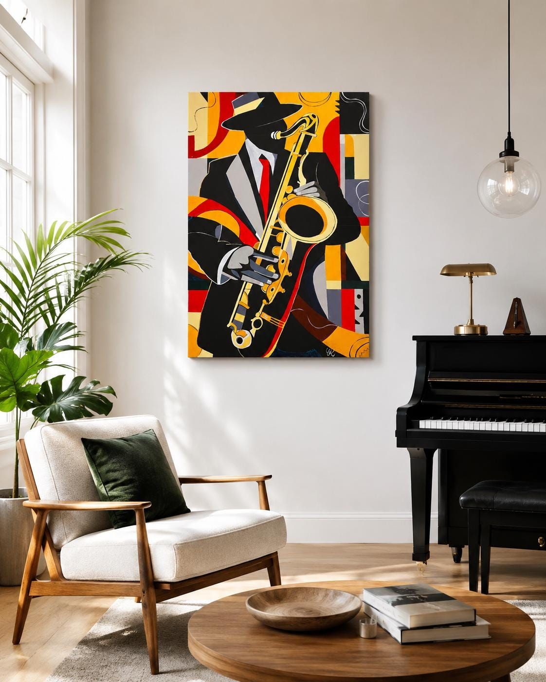 Midnight Jazz Saxophone Painting, Modern Acrylic Wall Art, Abstract Musician Canvas, 50x70 cm — view 3