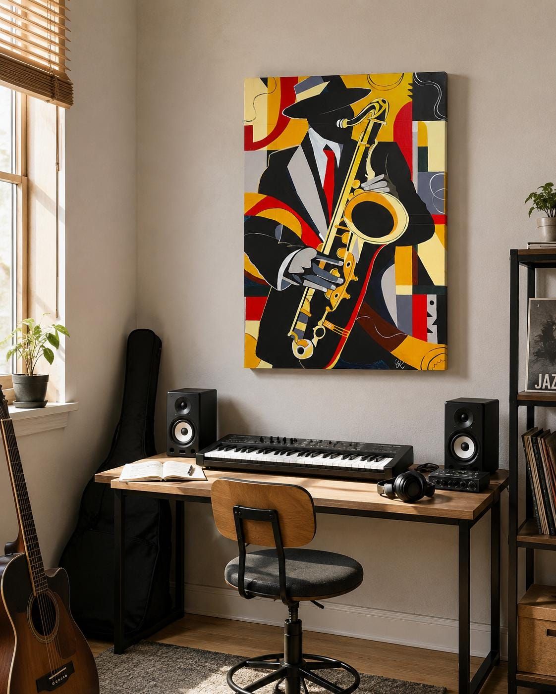 Midnight Jazz Saxophone Painting, Modern Acrylic Wall Art, Abstract Musician Canvas, 50x70 cm — view 4