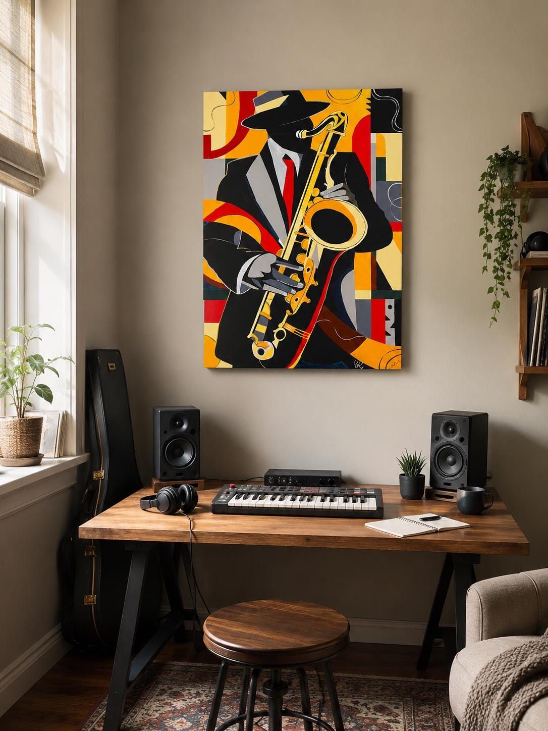 Midnight Jazz Saxophone Painting, Modern Acrylic Wall Art, Abstract Musician Canvas, 50x70 cm — view 5