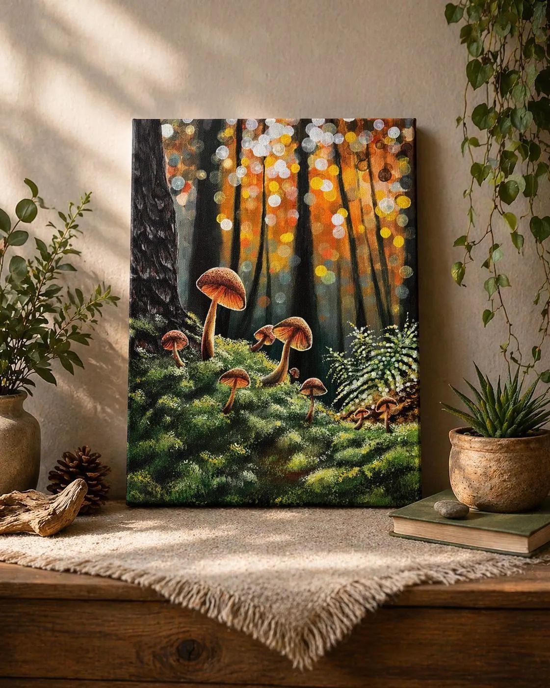 Original Mushroom Forest Painting, Enchanted Woodland Art, Cottagecore Decor, Acrylic Canvas 30x40 cm