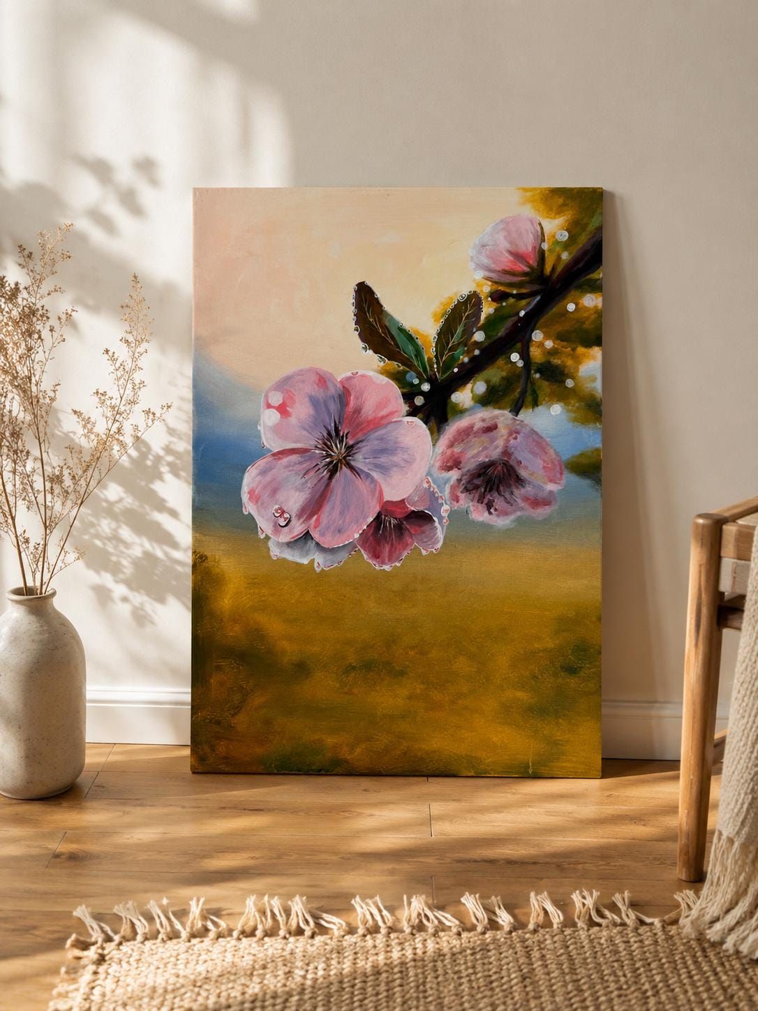 Original Acrylic Flower Painting, Pink Blossom Wall Art, Floral Canvas Art, 50 x 70 cm — view 3