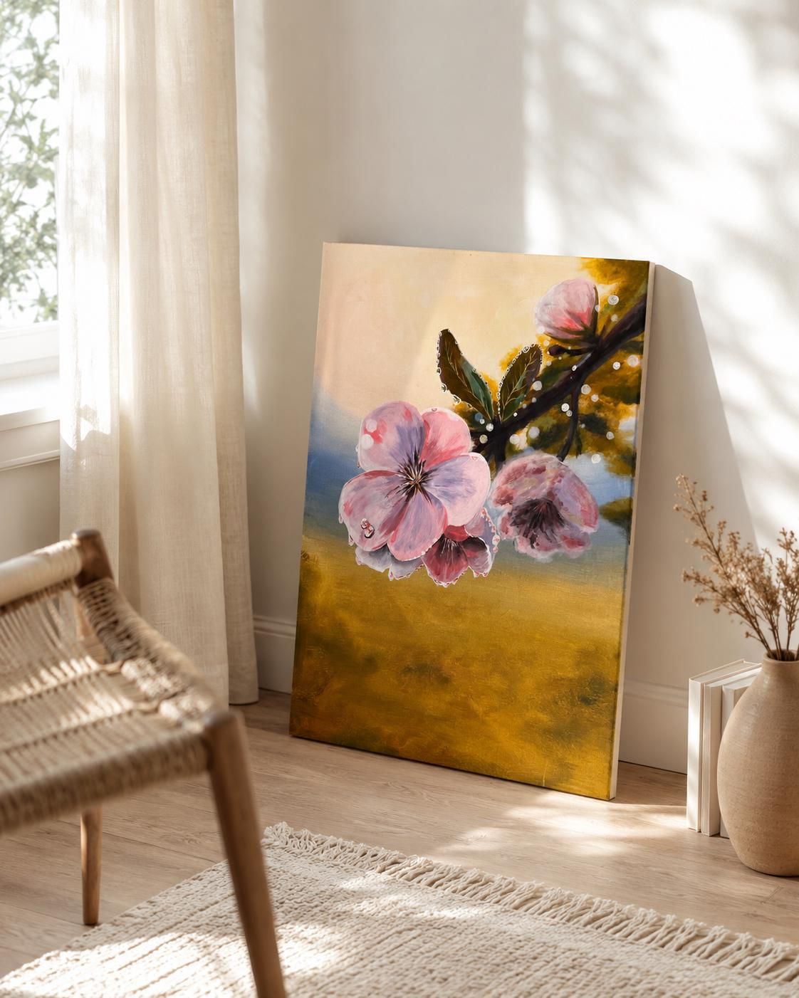 Original Acrylic Flower Painting, Pink Blossom Wall Art, Floral Canvas Art, 50 x 70 cm — view 4