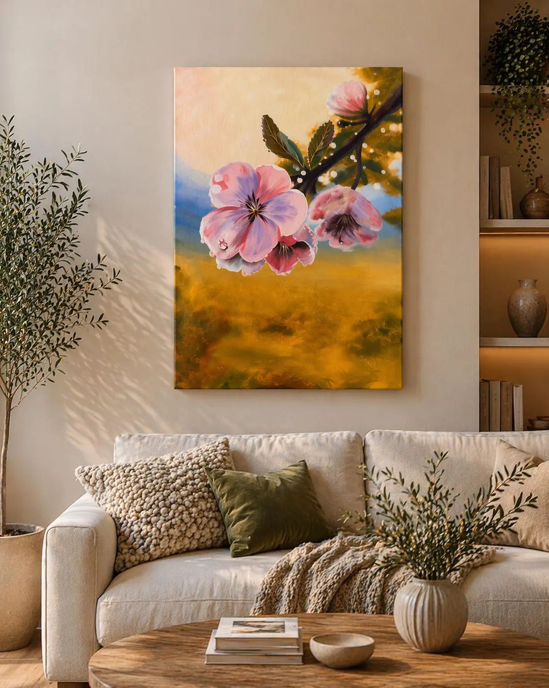 Original Acrylic Flower Painting, Pink Blossom Wall Art, Floral Canvas Art, 50 x 70 cm