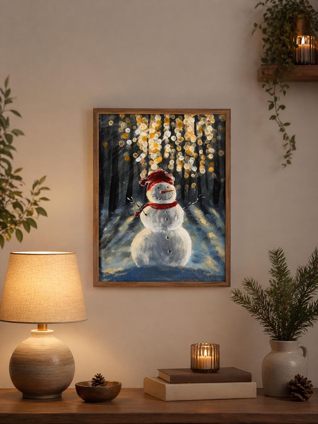 Original Snowman Acrylic Painting, Winter Forest Canvas Art, Festive Wall Decor — view 2