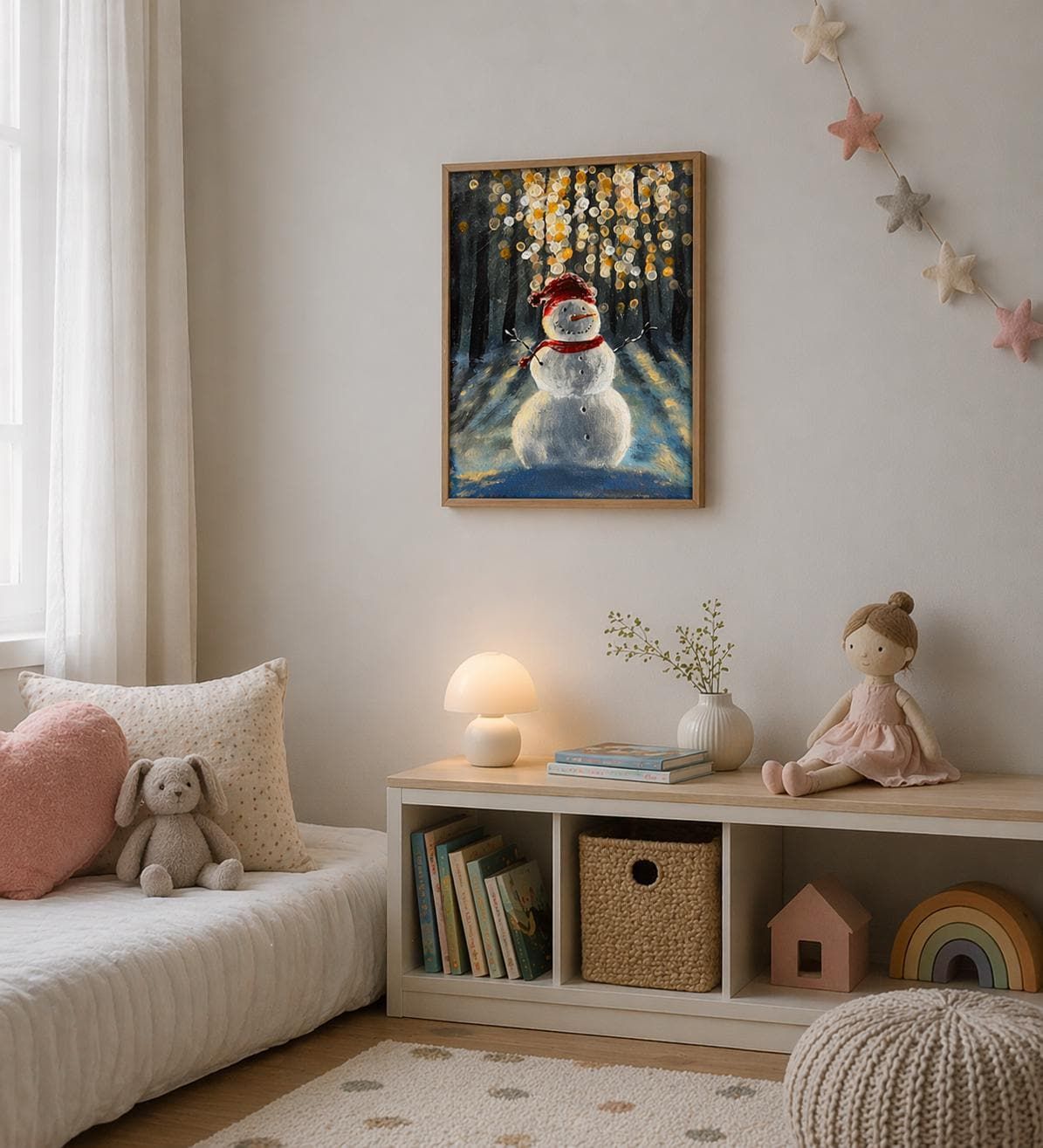 Original Snowman Acrylic Painting, Winter Forest Canvas Art, Festive Wall Decor — view 3