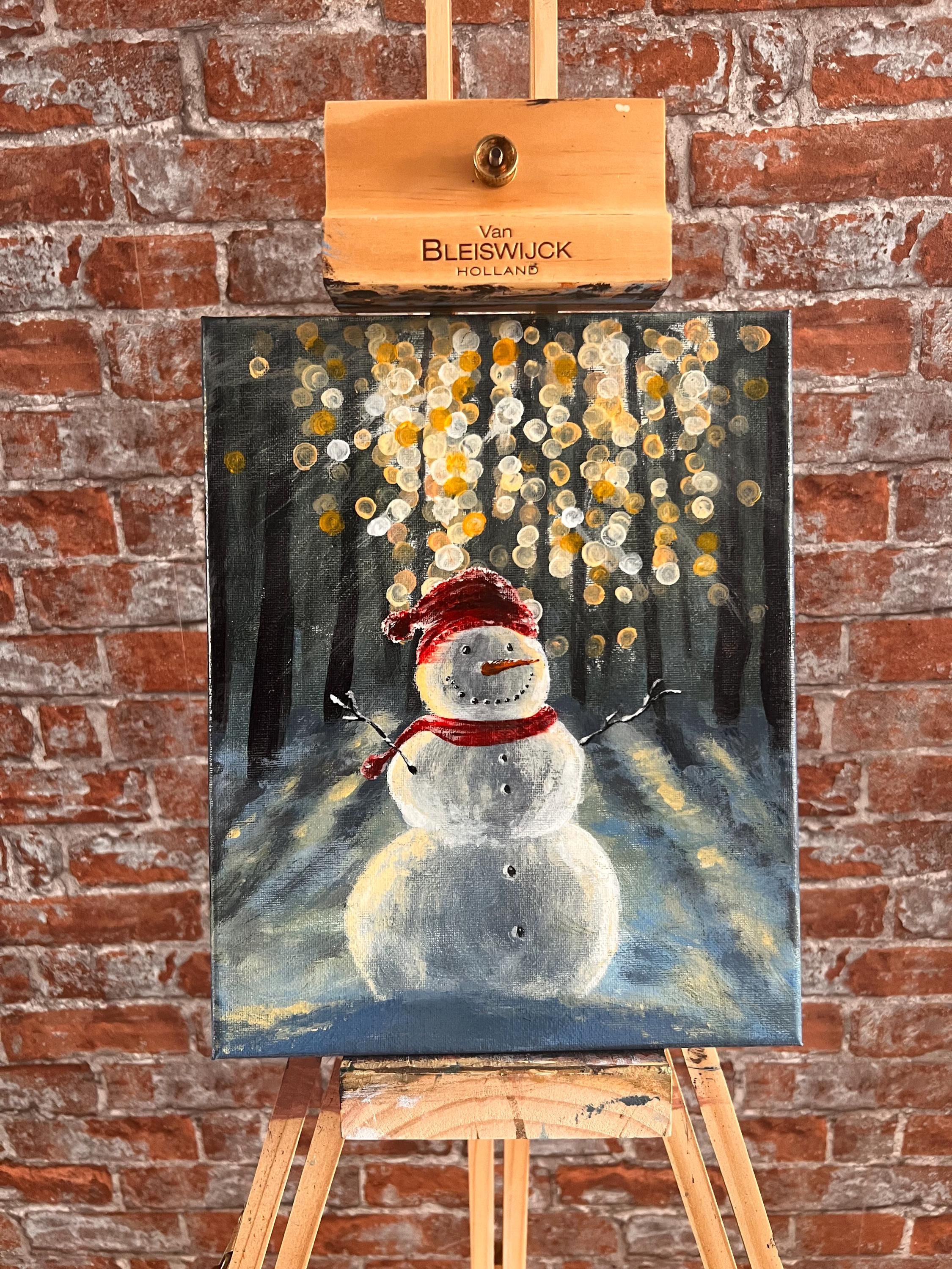 Original Snowman Acrylic Painting, Winter Forest Canvas Art, Festive Wall Decor — view 5