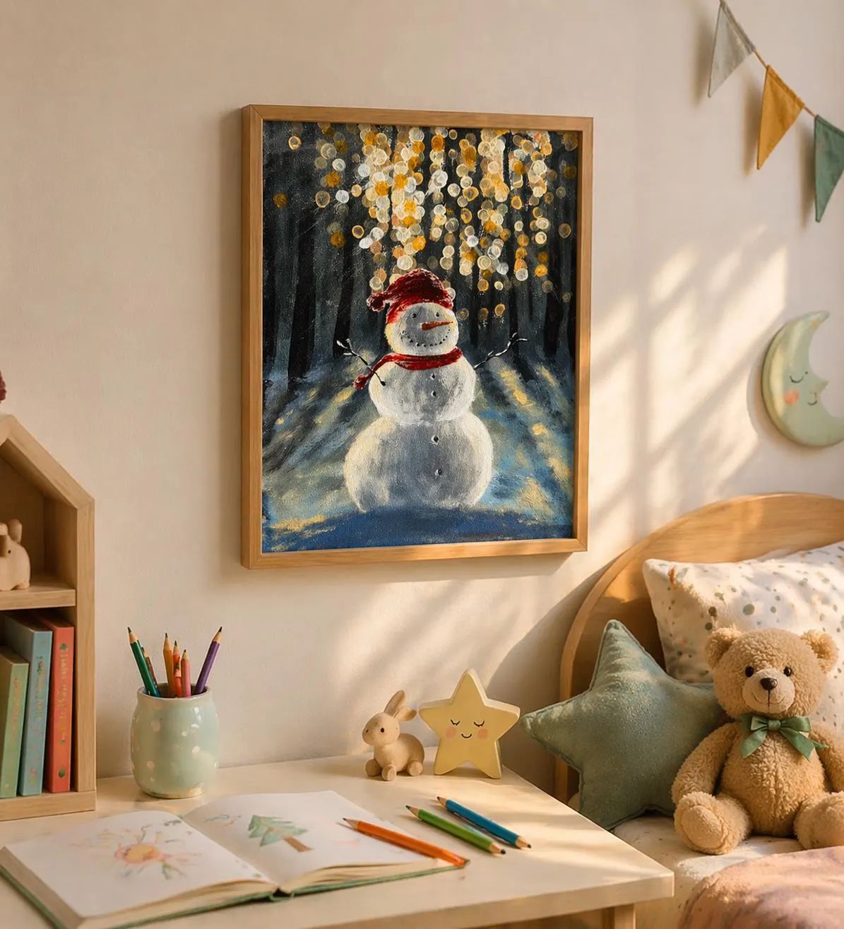 Original Snowman Acrylic Painting, Winter Forest Canvas Art, Festive Wall Decor