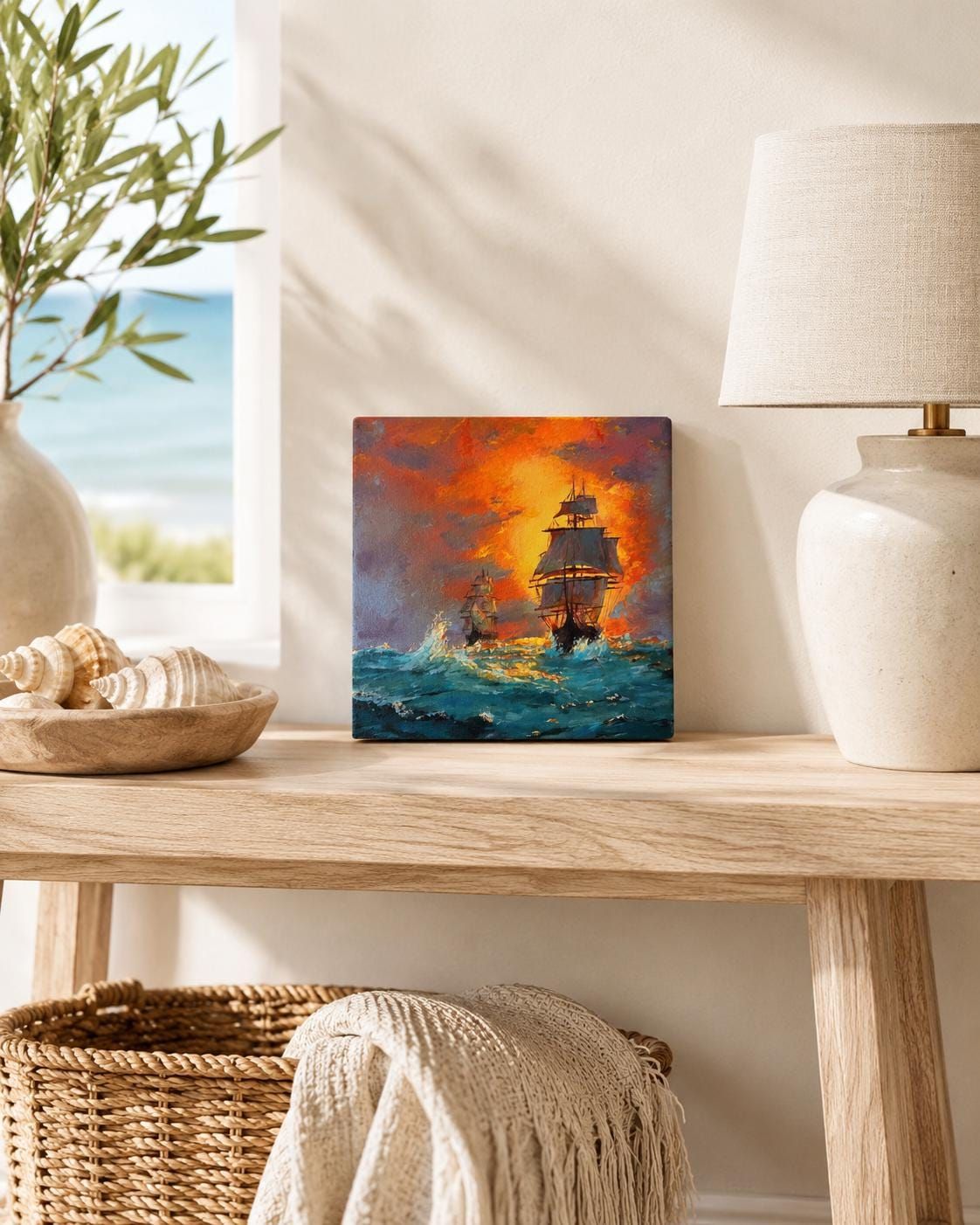 Original Sunset Ship Painting, Ocean Wall Art, Mini Acrylic Canvas 20x20 cm