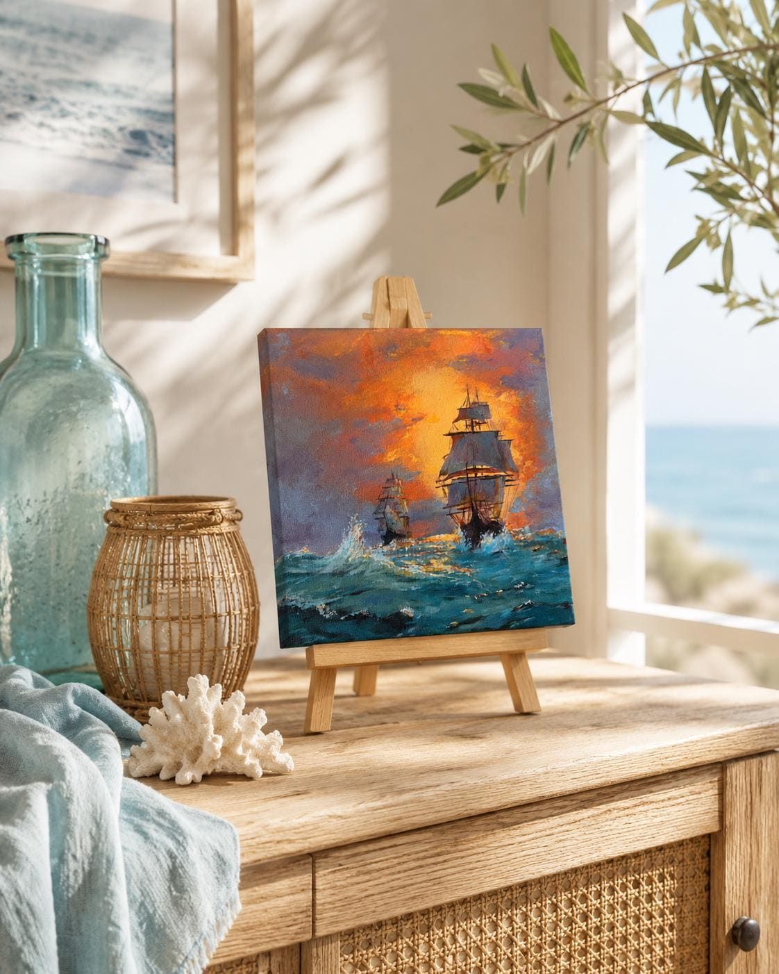 Original Sunset Ship Painting, Ocean Wall Art, Mini Acrylic Canvas 20x20 cm — view 2
