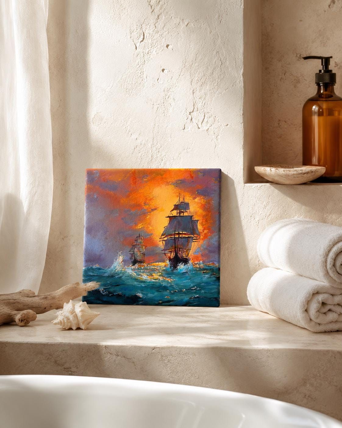 Original Sunset Ship Painting, Ocean Wall Art, Mini Acrylic Canvas 20x20 cm — view 3