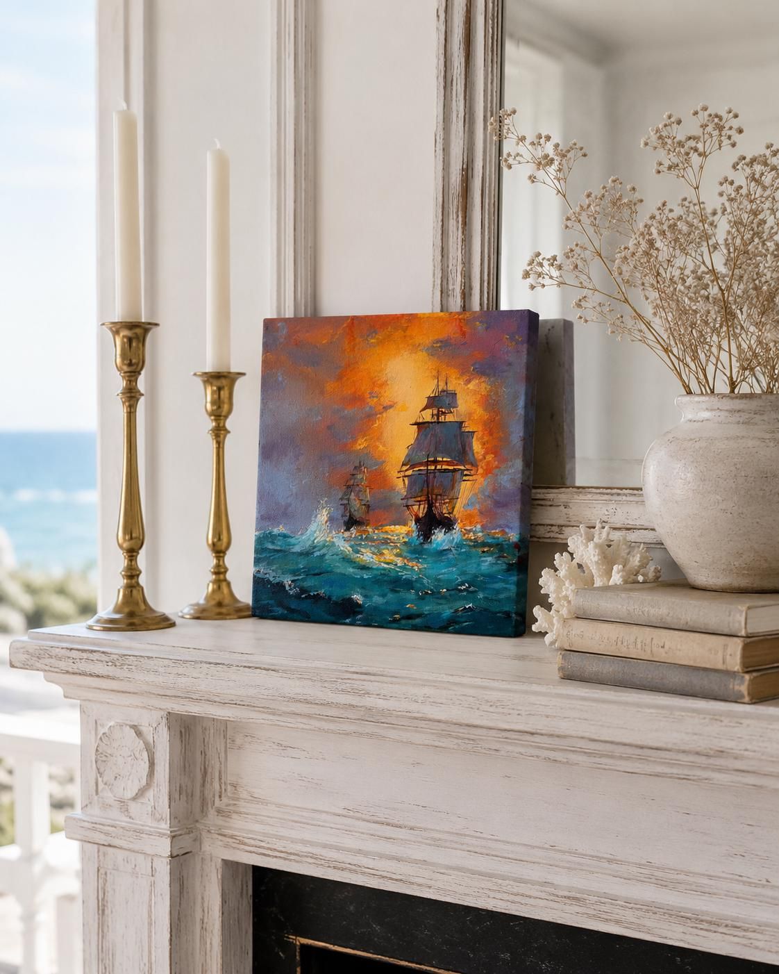 Original Sunset Ship Painting, Ocean Wall Art, Mini Acrylic Canvas 20x20 cm — view 4