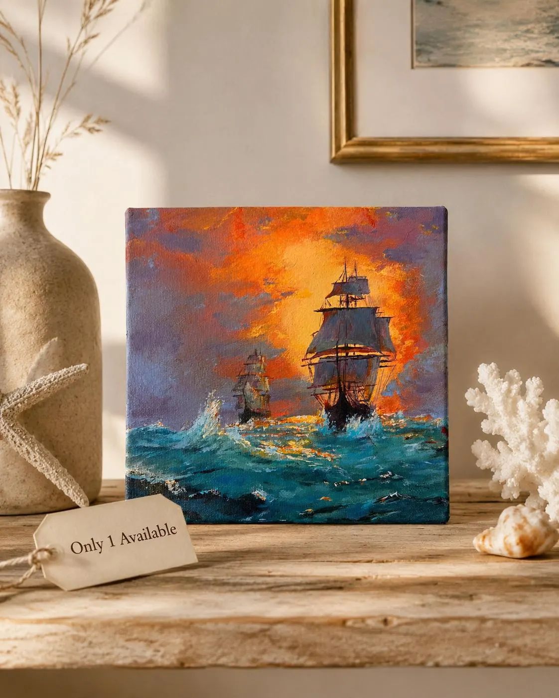 Original Sunset Ship Painting, Ocean Wall Art, Mini Acrylic Canvas 20x20 cm — view 5