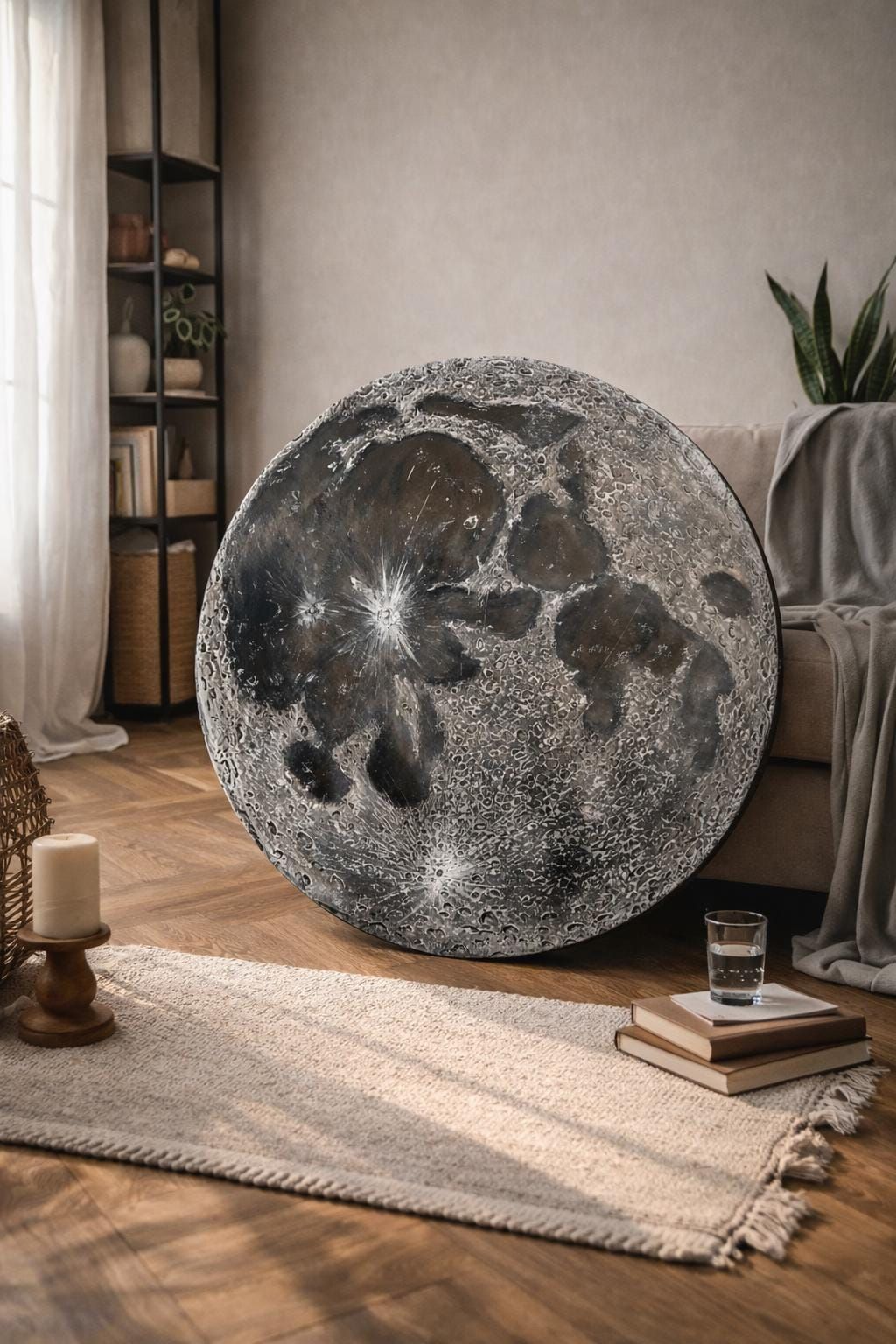 Textured Moon Painting, 3D Acrylic Art, Round Canvas Wall Decor (90 cm)