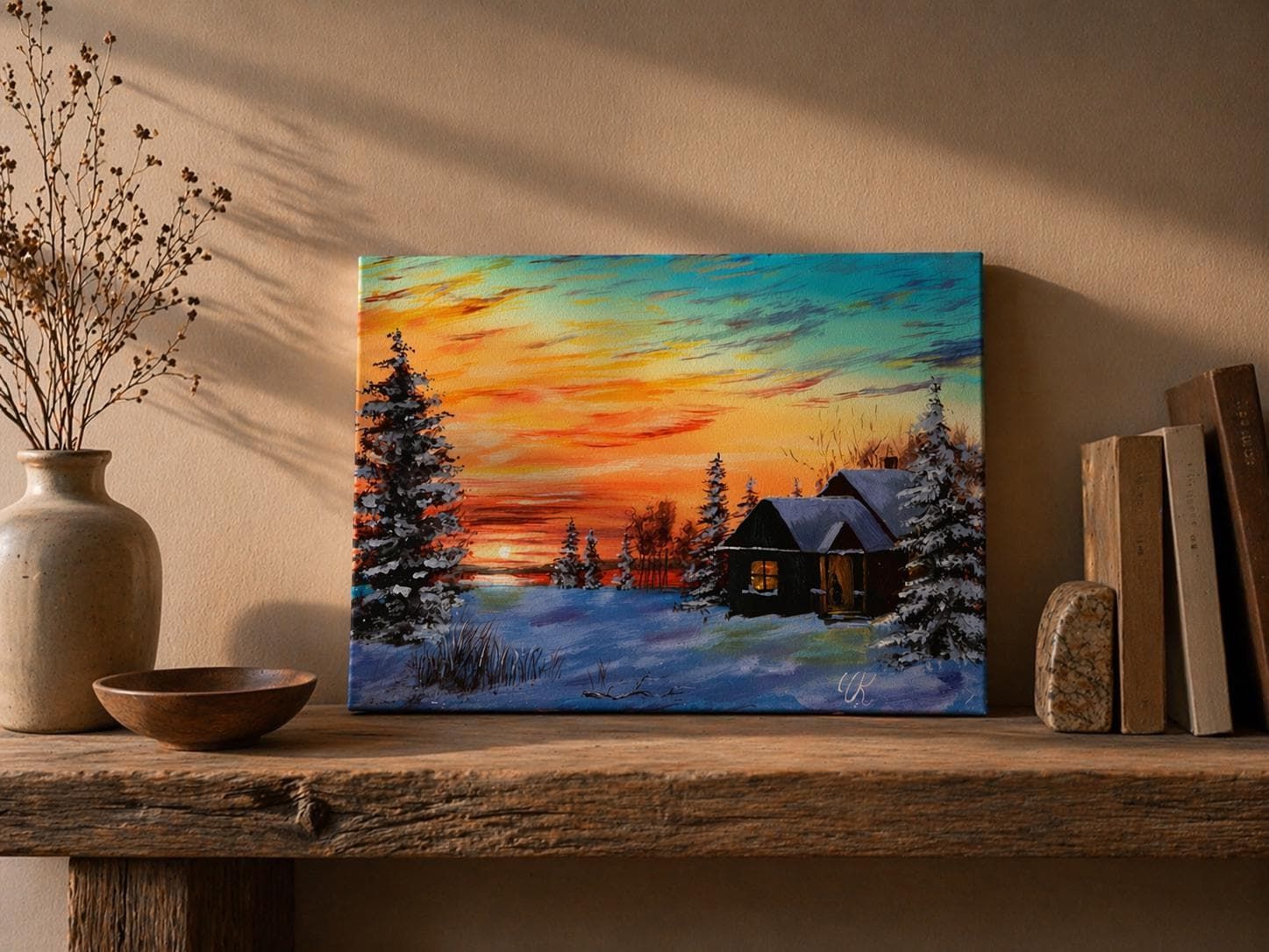 Original Acrylic Painting, Winter Landscape Wall Art, Snowy Cabin Sunset, 40 x 30 cm — view 2