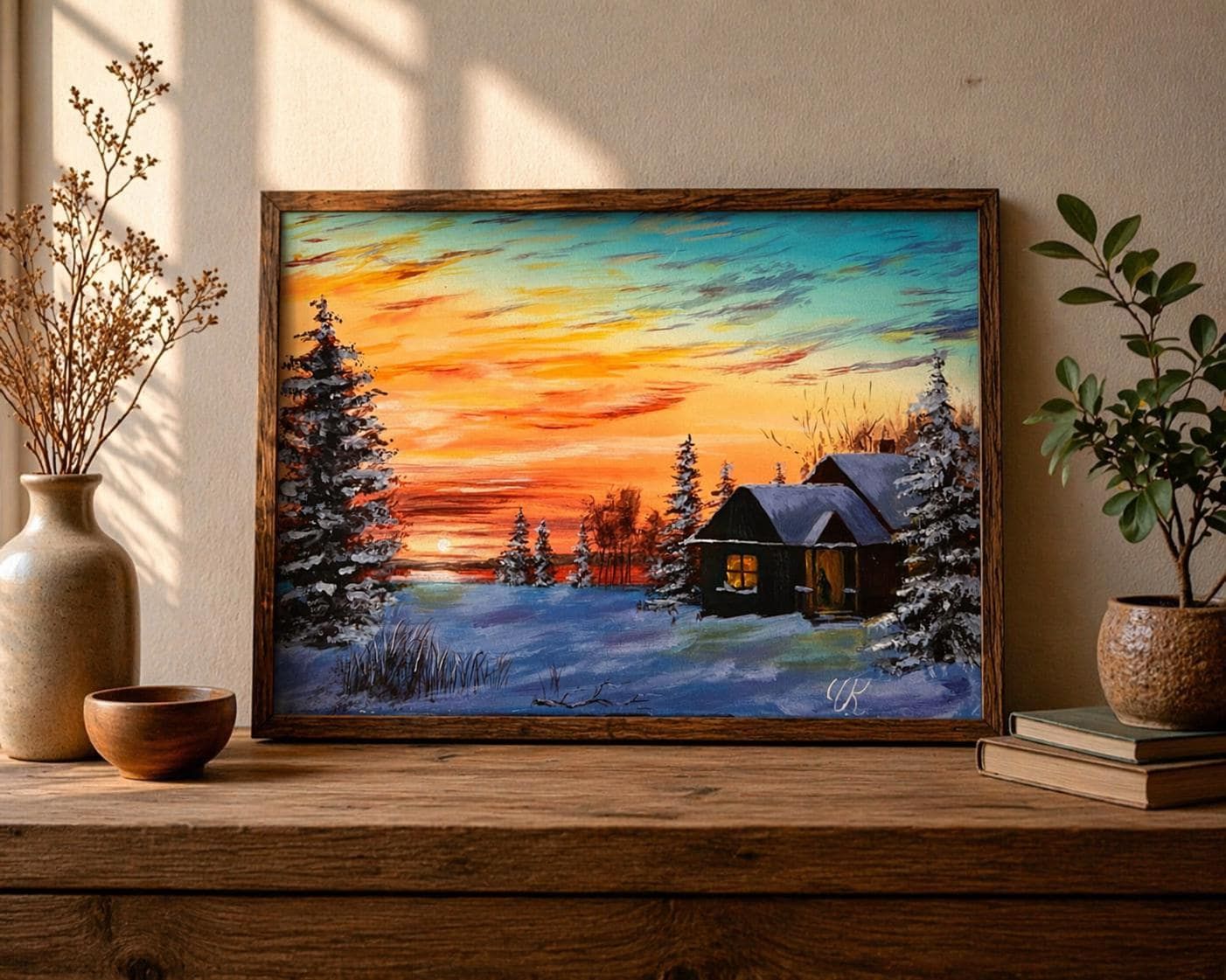 Original Acrylic Painting, Winter Landscape Wall Art, Snowy Cabin Sunset, 40 x 30 cm — view 3