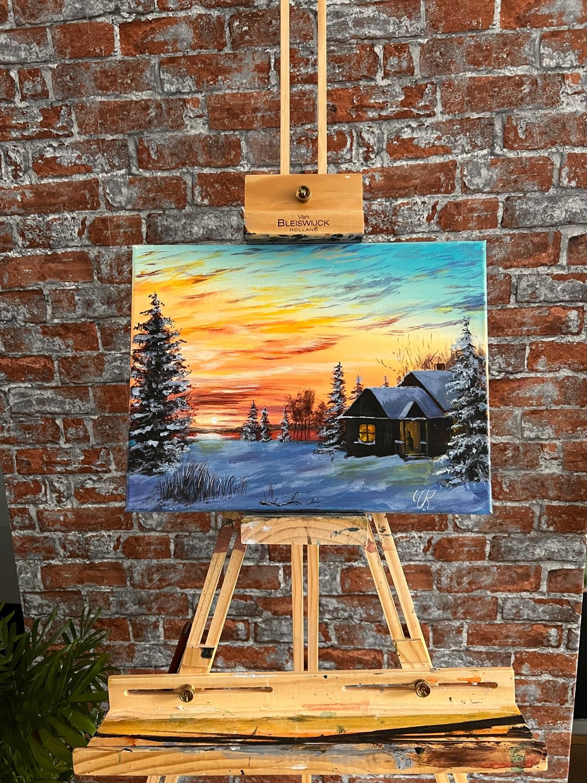 Original Acrylic Painting, Winter Landscape Wall Art, Snowy Cabin Sunset, 40 x 30 cm — view 4