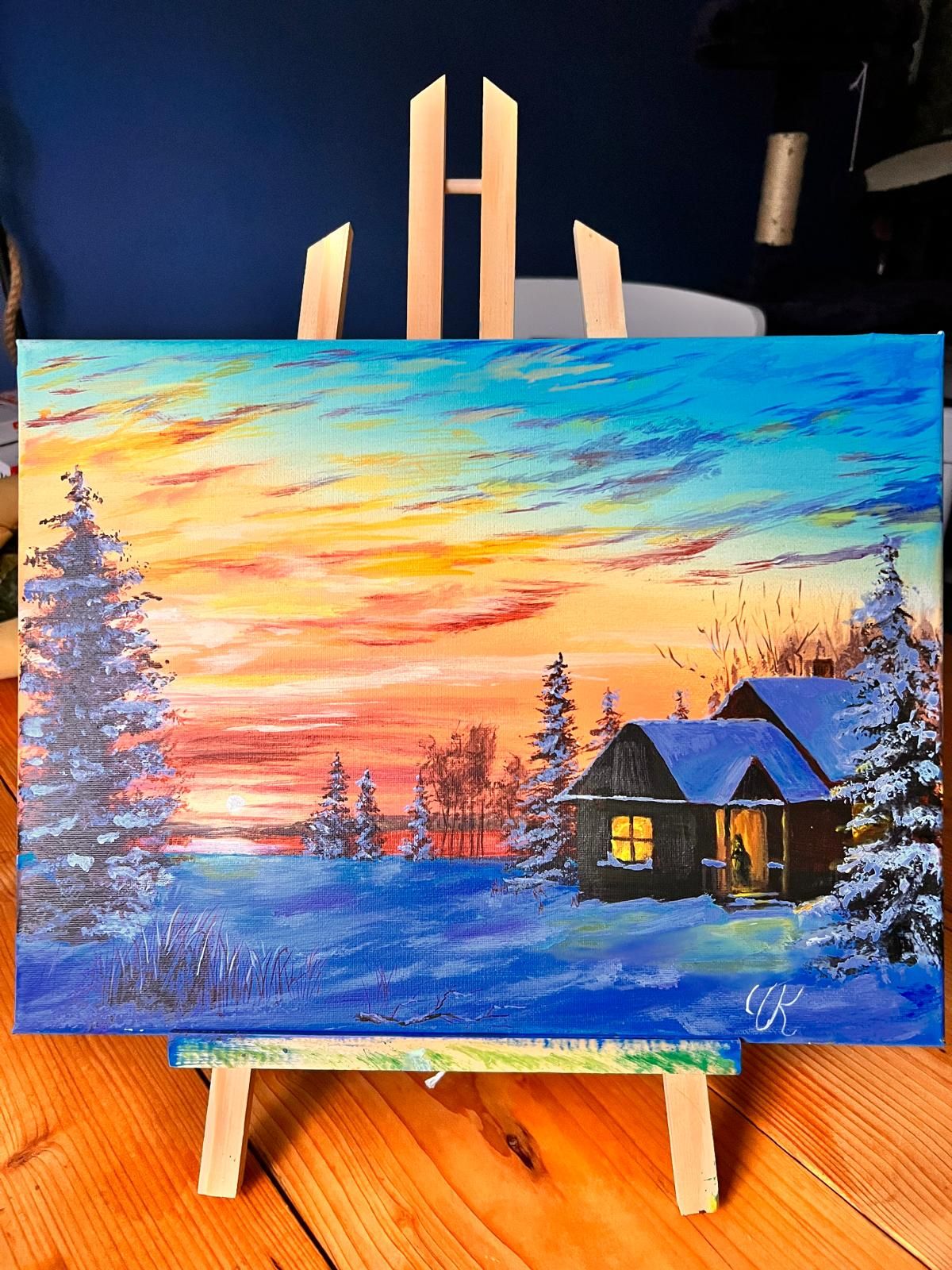 Original Acrylic Painting, Winter Landscape Wall Art, Snowy Cabin Sunset, 40 x 30 cm — view 5