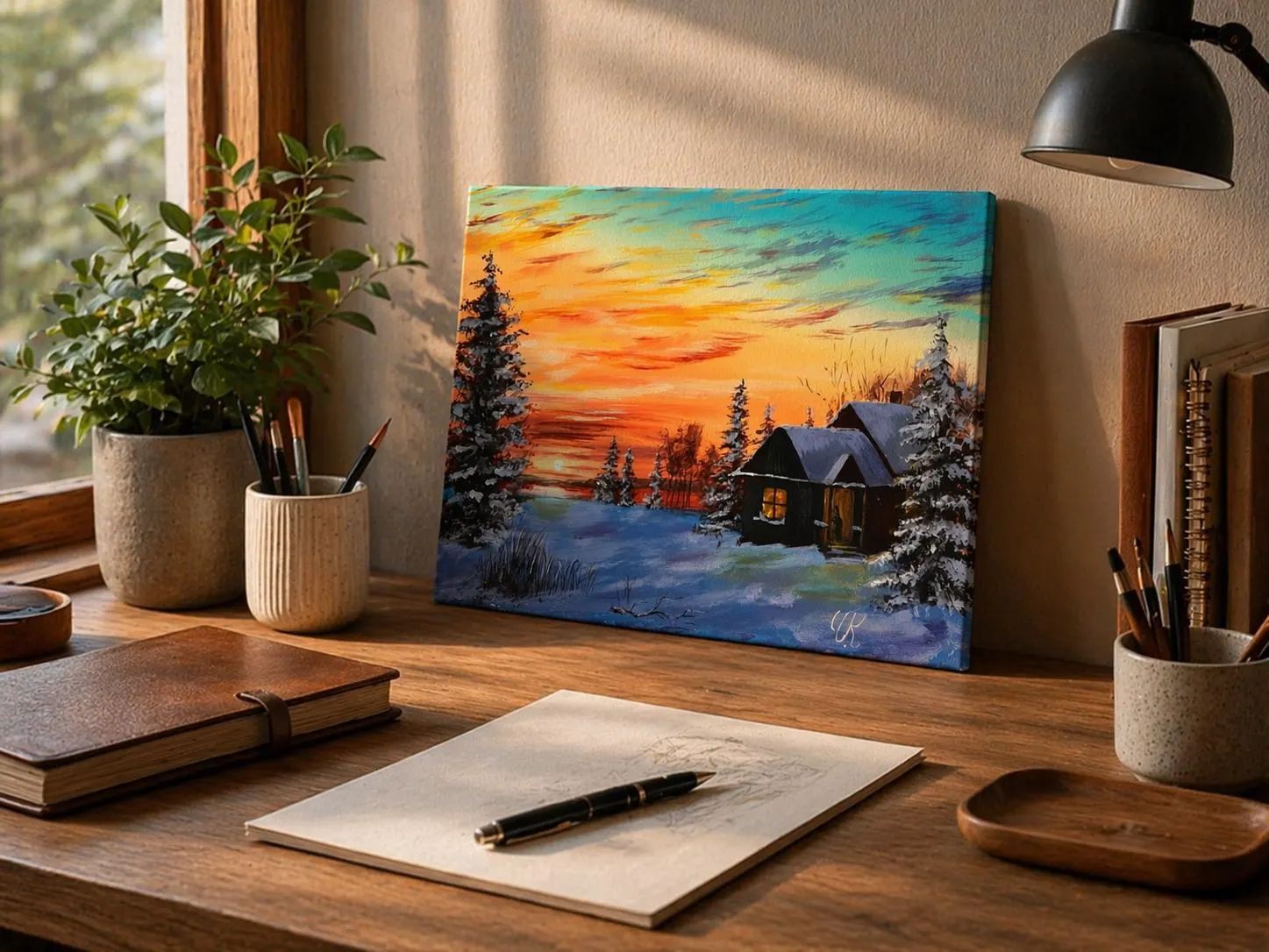 Original Acrylic Painting, Winter Landscape Wall Art, Snowy Cabin Sunset, 40 x 30 cm